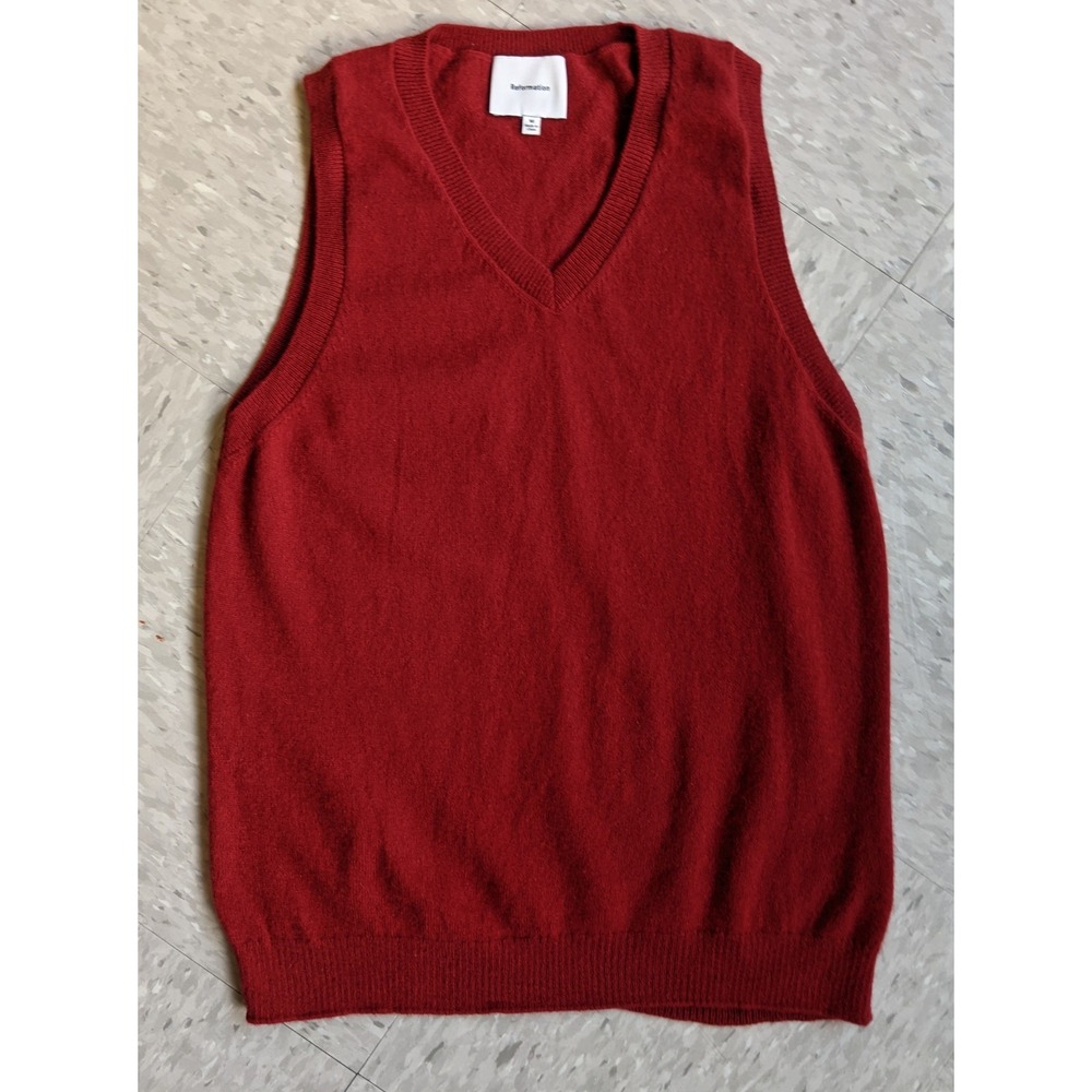 Reformation Cashmere V-Neck Sweater Vest Red Size Medium Ribbed Knit Trim